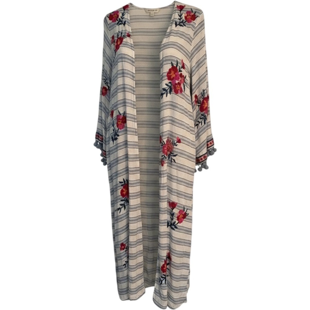 Altar'd State Women M Blue White Striped Floral Embroidered Tassel Duster Kimono
